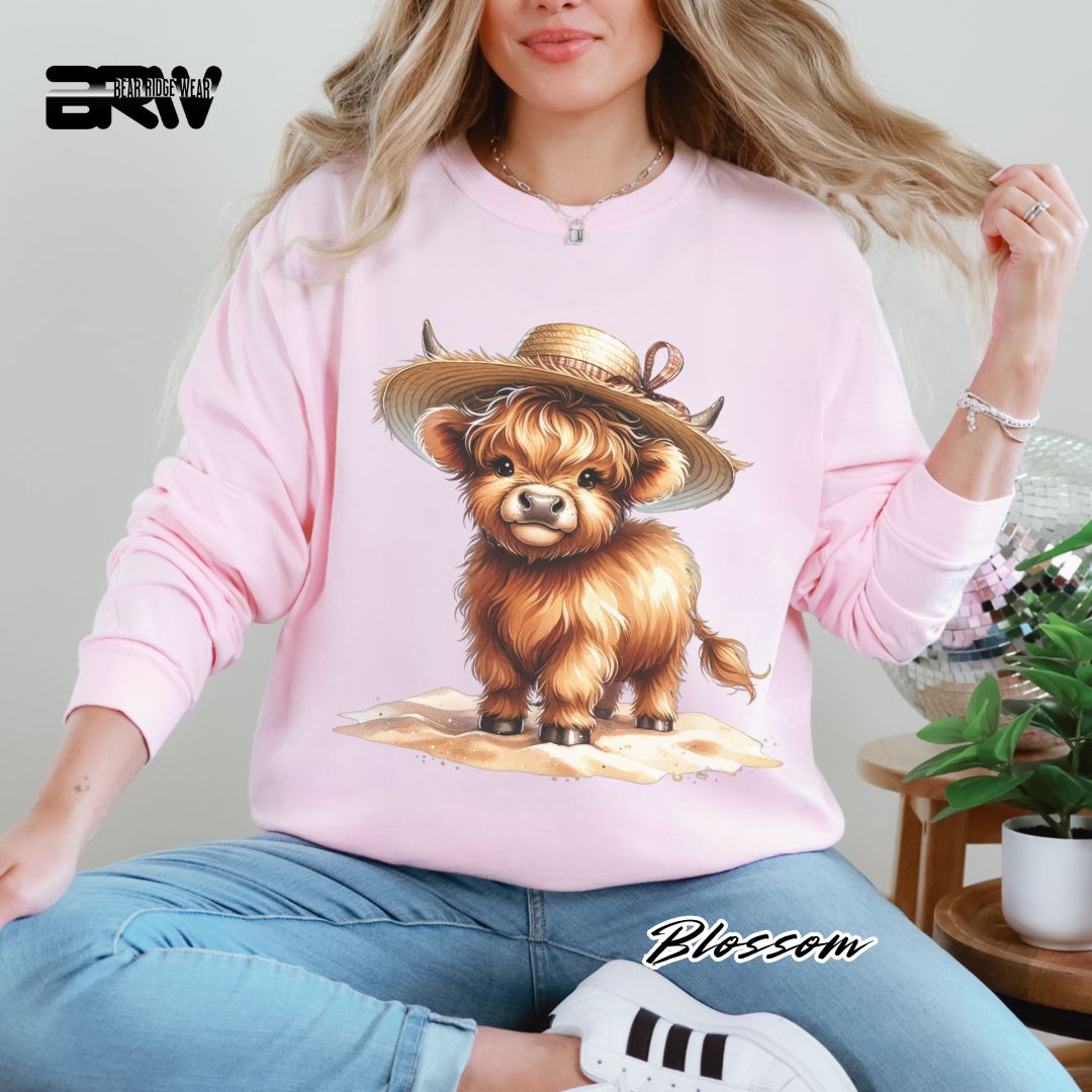 'Highland Cow-Sun Hat' Summer Long Sleeve Tee