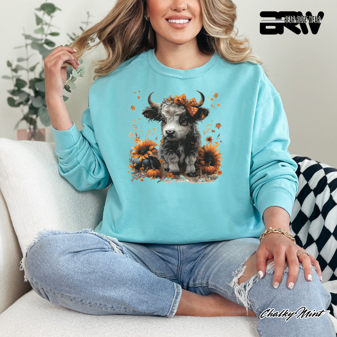 'Highland Cow-Orange Leaves' Fall Crewneck Sweatshirt