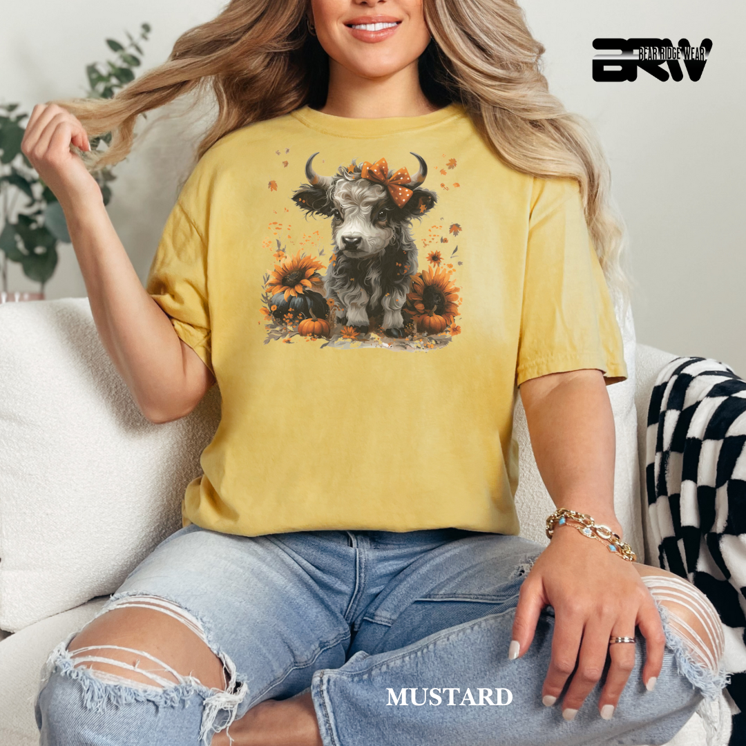'Highland Cow-Orange Leaves' Fall Tee