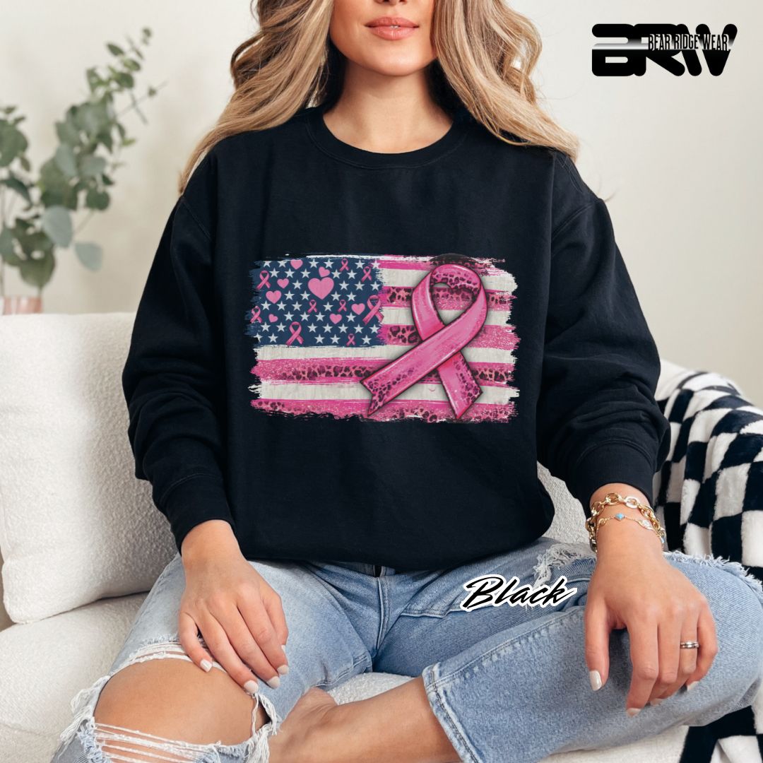'USA Flag With Pink Ribbon' Awareness Long Sleeve Tee