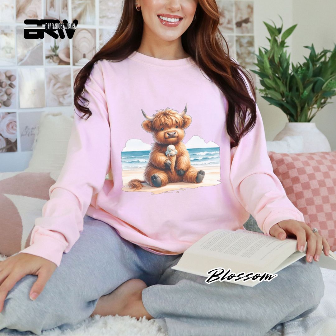 'Highland Cow Beach-Ice Cream' Summer Long Sleeve Tee