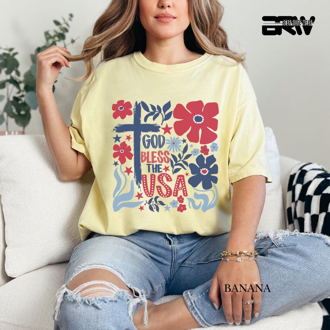 God Bless The USA-Cross Flowers- Patriotic Tee
