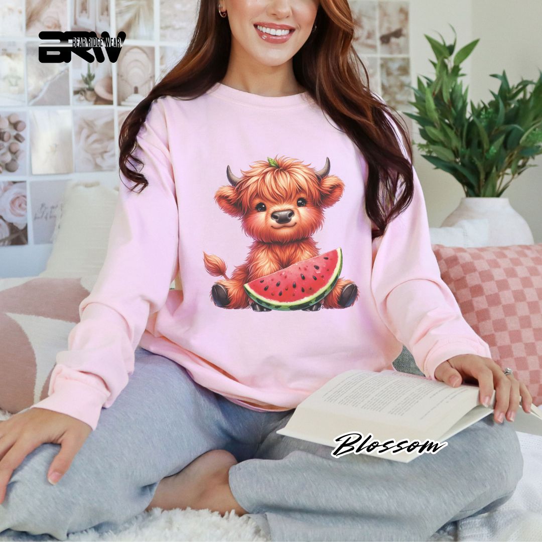 'Highland Cow-Watermelon' Summer Long Sleeve Tee
