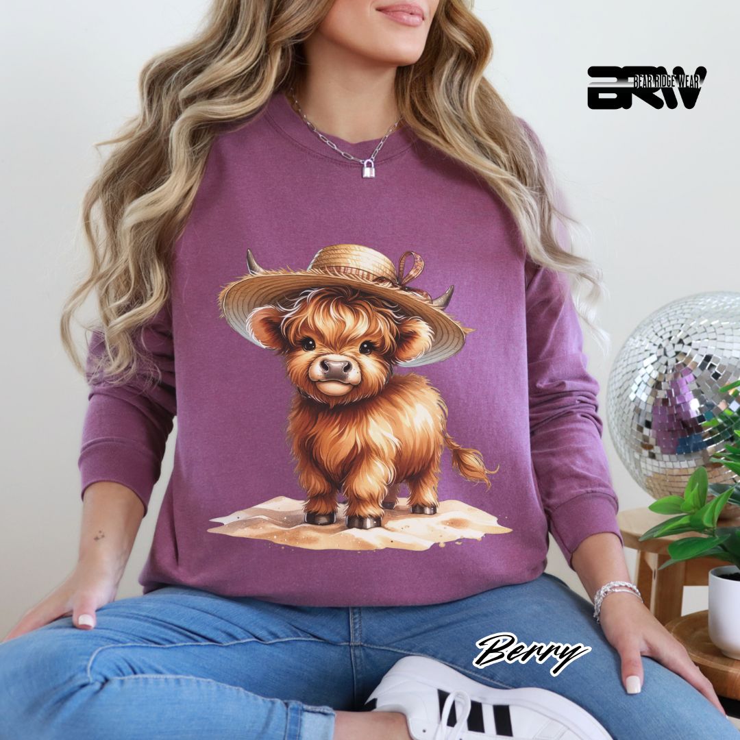 'Highland Cow-Sun Hat' Summer Long Sleeve Tee