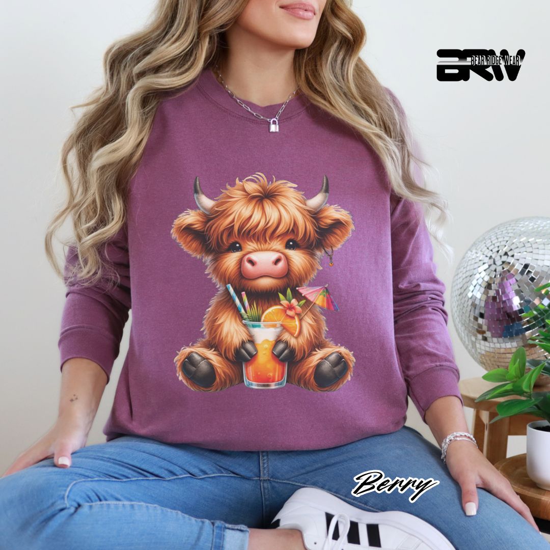 'Highland Cow- Tropical Drink' Summer Long Sleeve Tee
