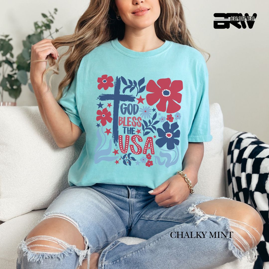 God Bless The USA-Cross Flowers- Patriotic Tee