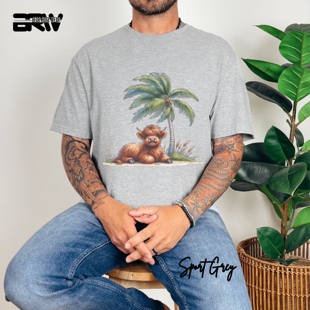 'Highland Cow-Palm Tree' Summer T- Shirt