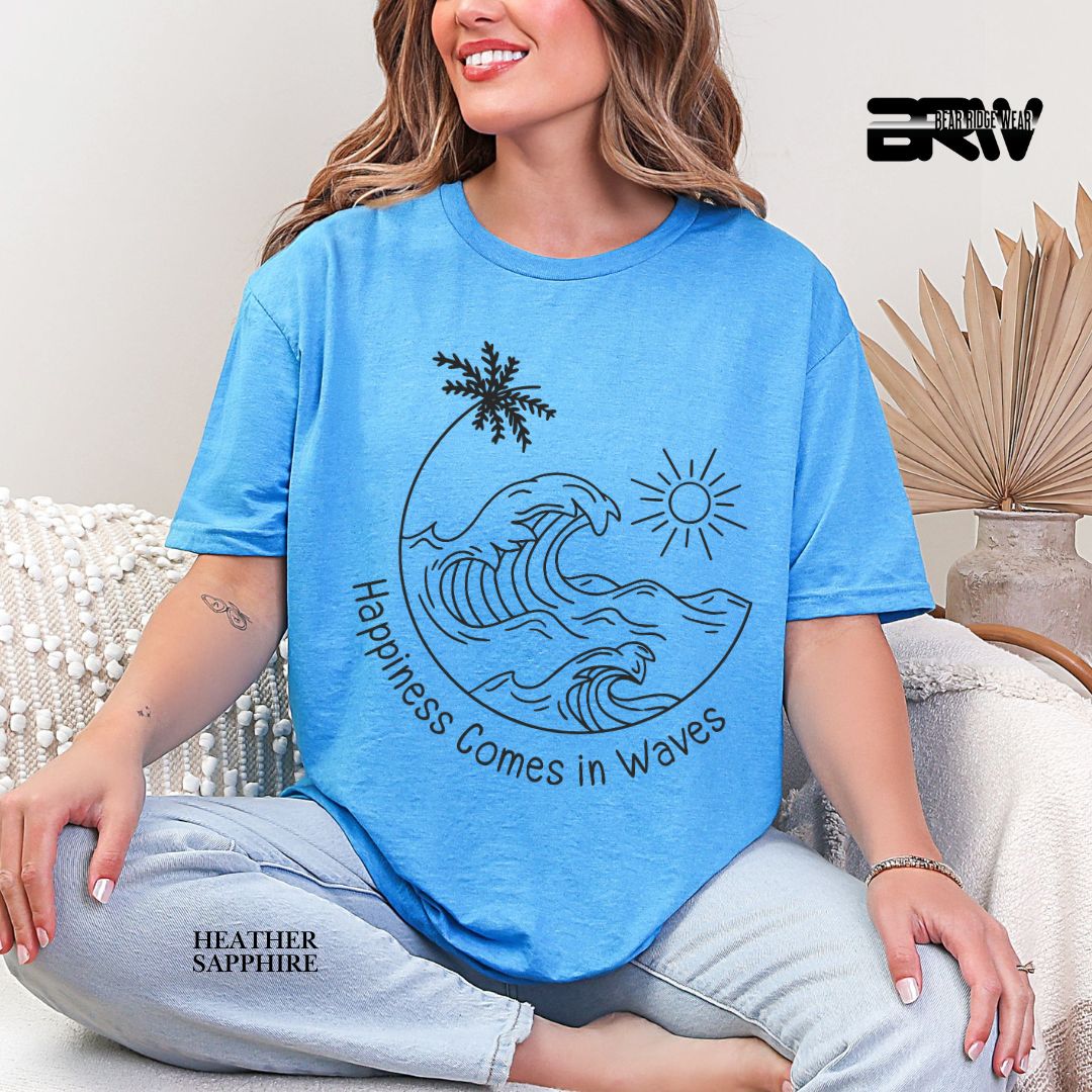'Happiness Comes In Waves' Black Color Summer Tee