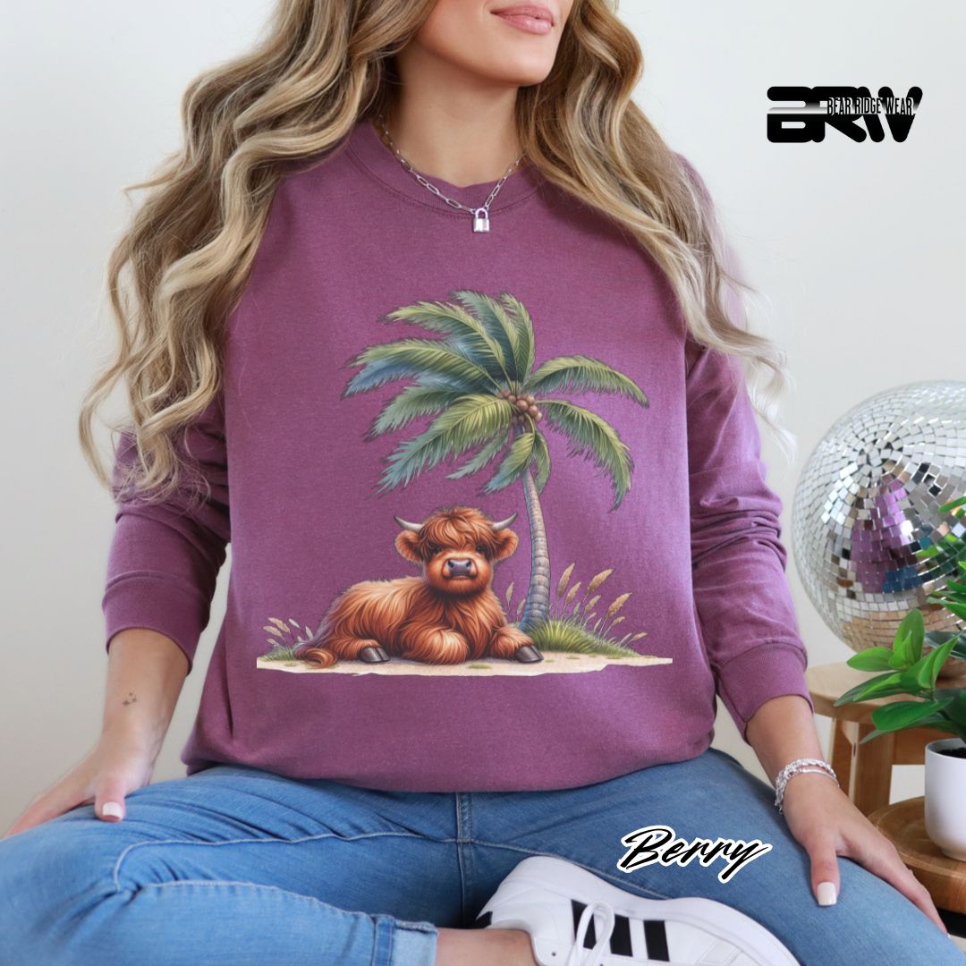 'Highland Cow- Palm Tree' Summer Long Sleeve Tee