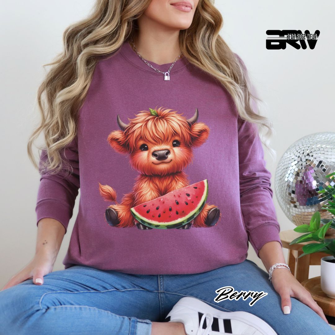 'Highland Cow-Watermelon' Summer Long Sleeve Tee