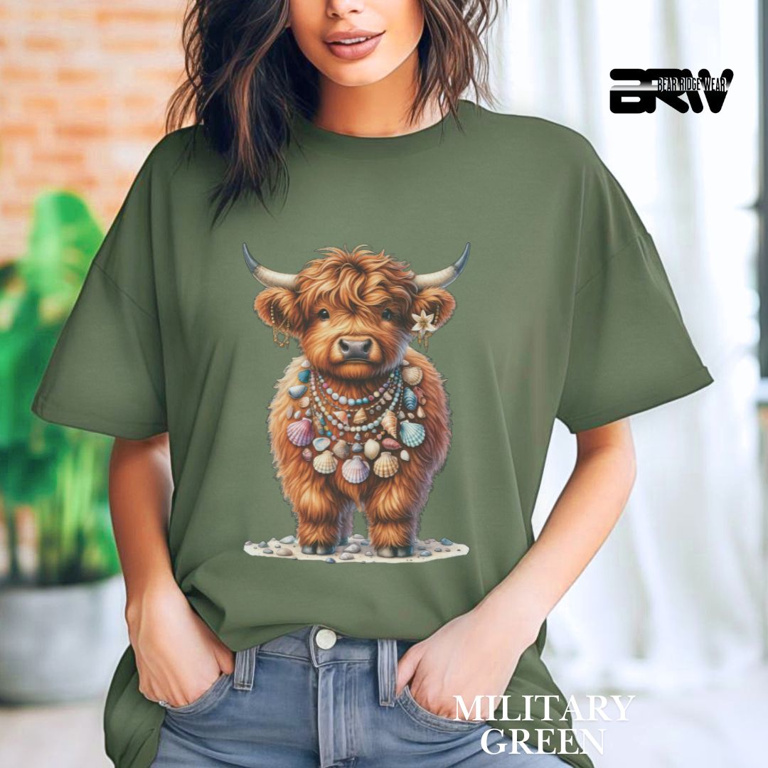 'Highland Cow-Lei Sea Shells' 2 Summer Tee
