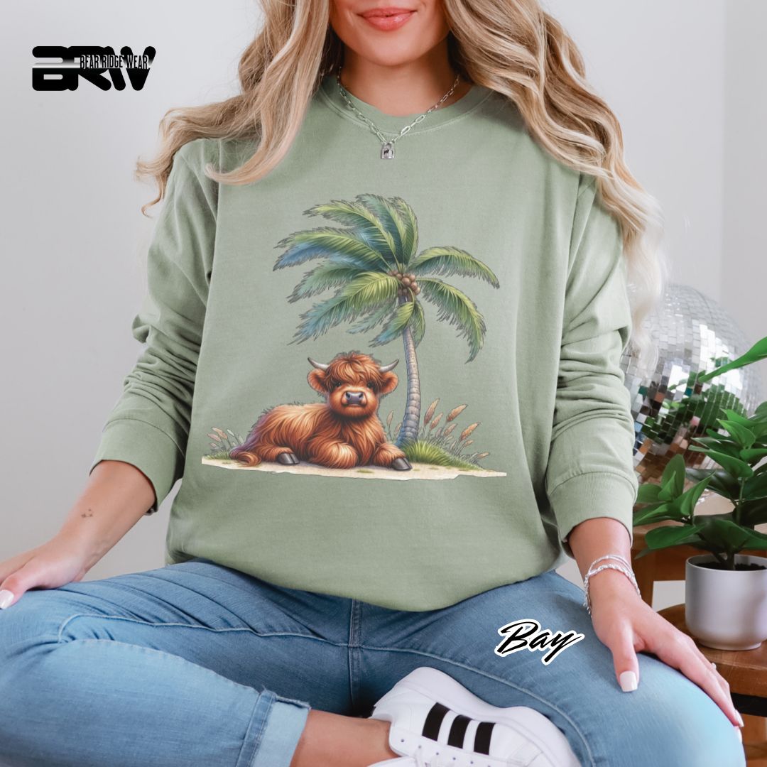 'Highland Cow- Palm Tree' Summer Long Sleeve Tee