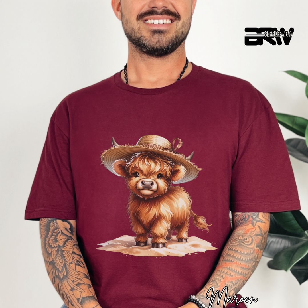 'Highland Cow- Sun Hat' Summer T- Shirt