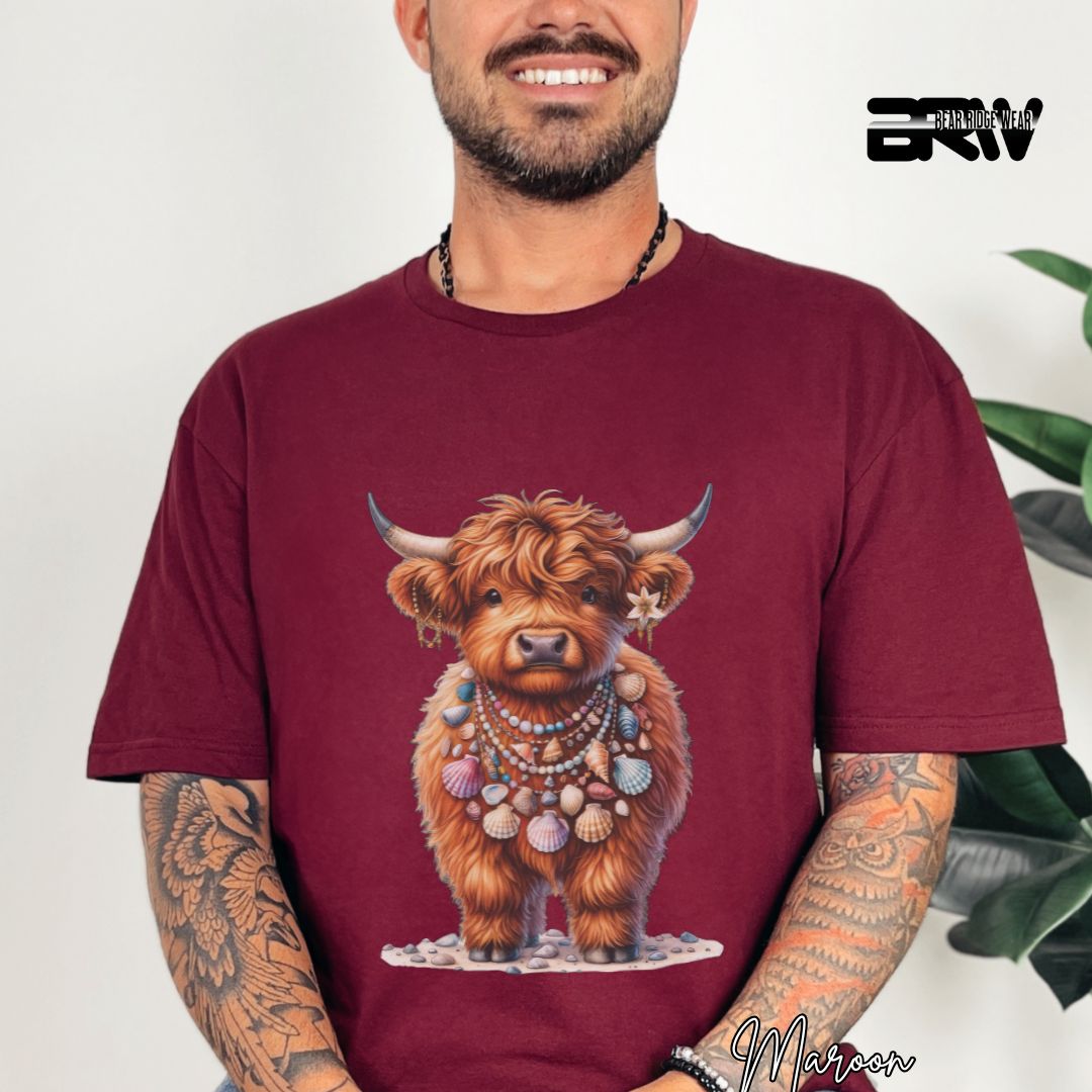 'Highland Cow-Lei Sea Shells' Summer T- Shirt