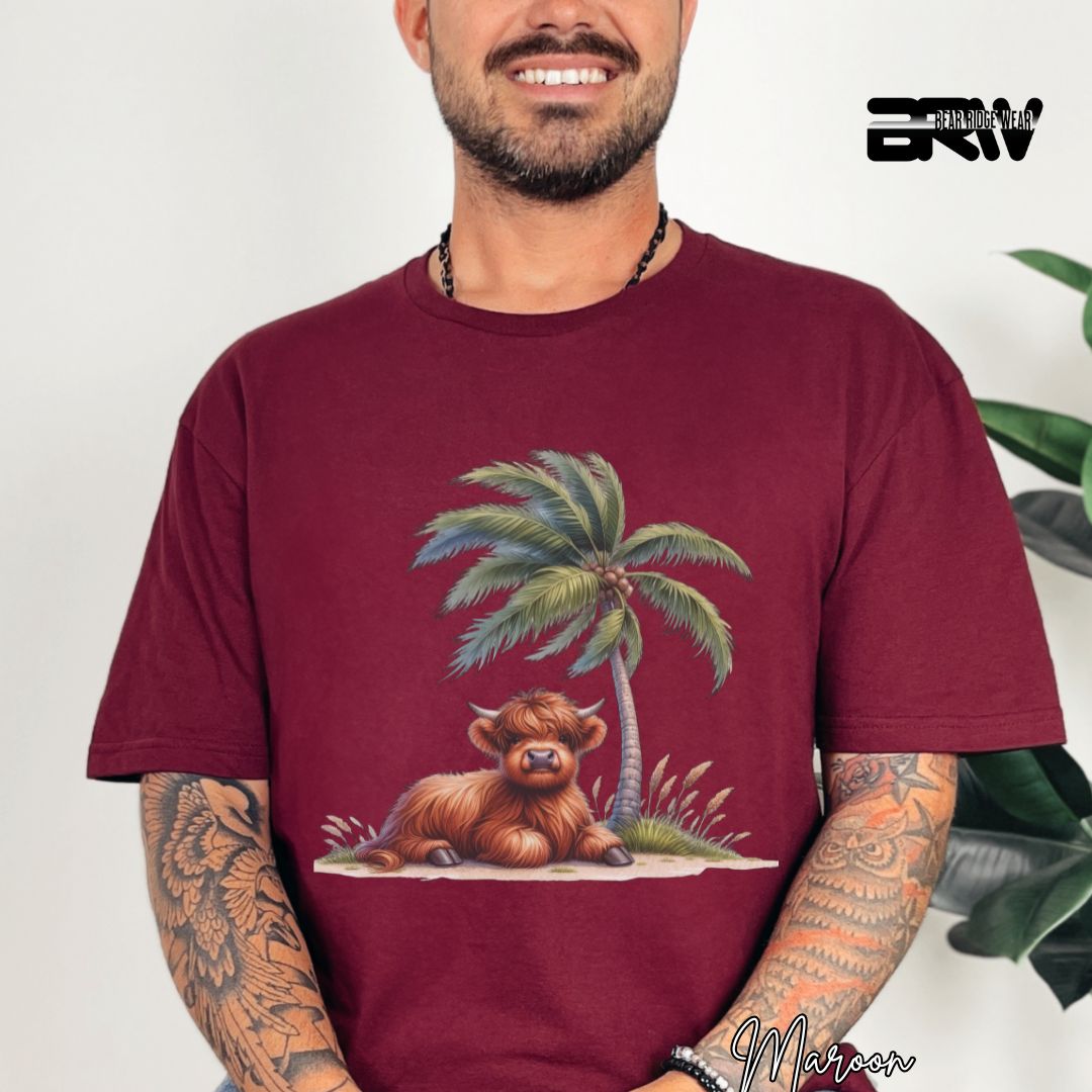 'Highland Cow-Palm Tree' Summer T- Shirt