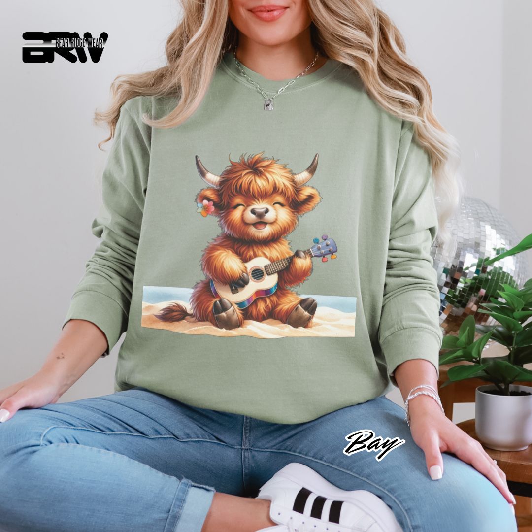 'Highland Cow Beach- Guitar' Summer Long Sleeve Tee