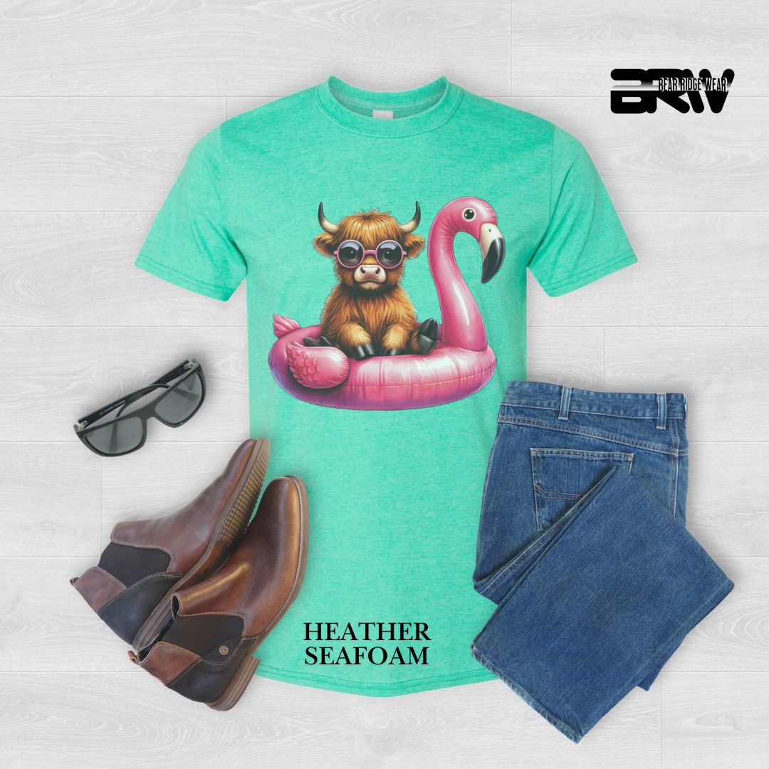 'Highland Cow-Flamingo Float'  Summer Tee