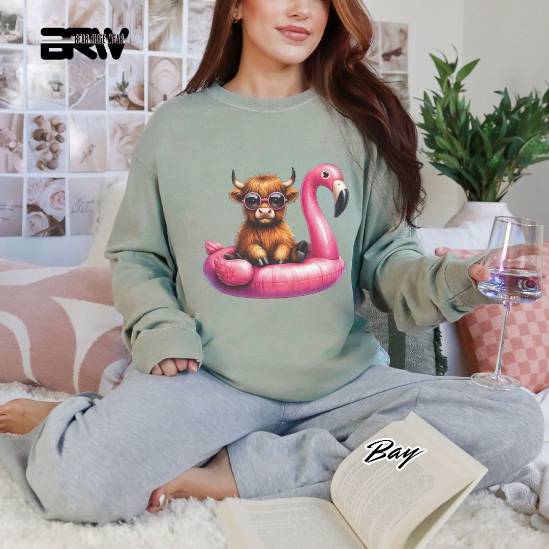 'Highland Cow Beach-Flamingo Float' Summer Long Sleeve Tee