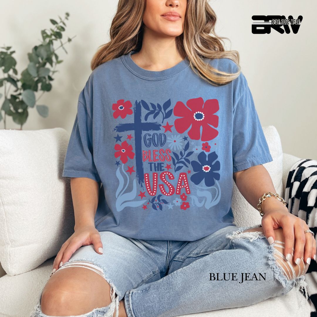 God Bless The USA-Cross Flowers- Patriotic Tee