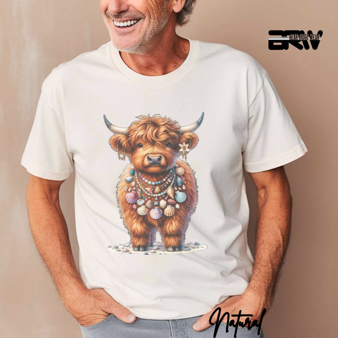 'Highland Cow-Lei Sea Shells' Summer T- Shirt