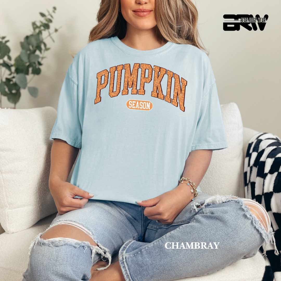 Woman wearing a light blue t-shirt with 'Pumpkin Season' text, sitting on a couch.