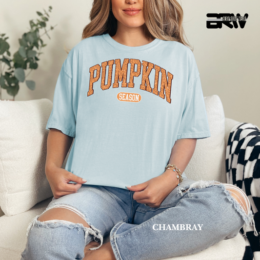 Woman wearing a light blue t-shirt with 'Pumpkin Season' text, sitting on a couch.