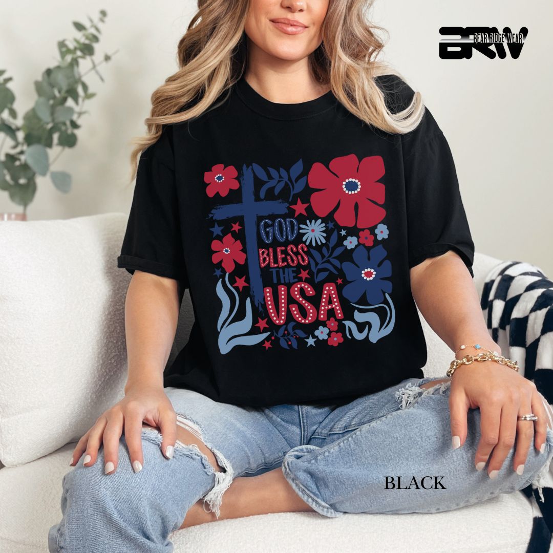 God Bless The USA-Cross Flowers- Patriotic Tee