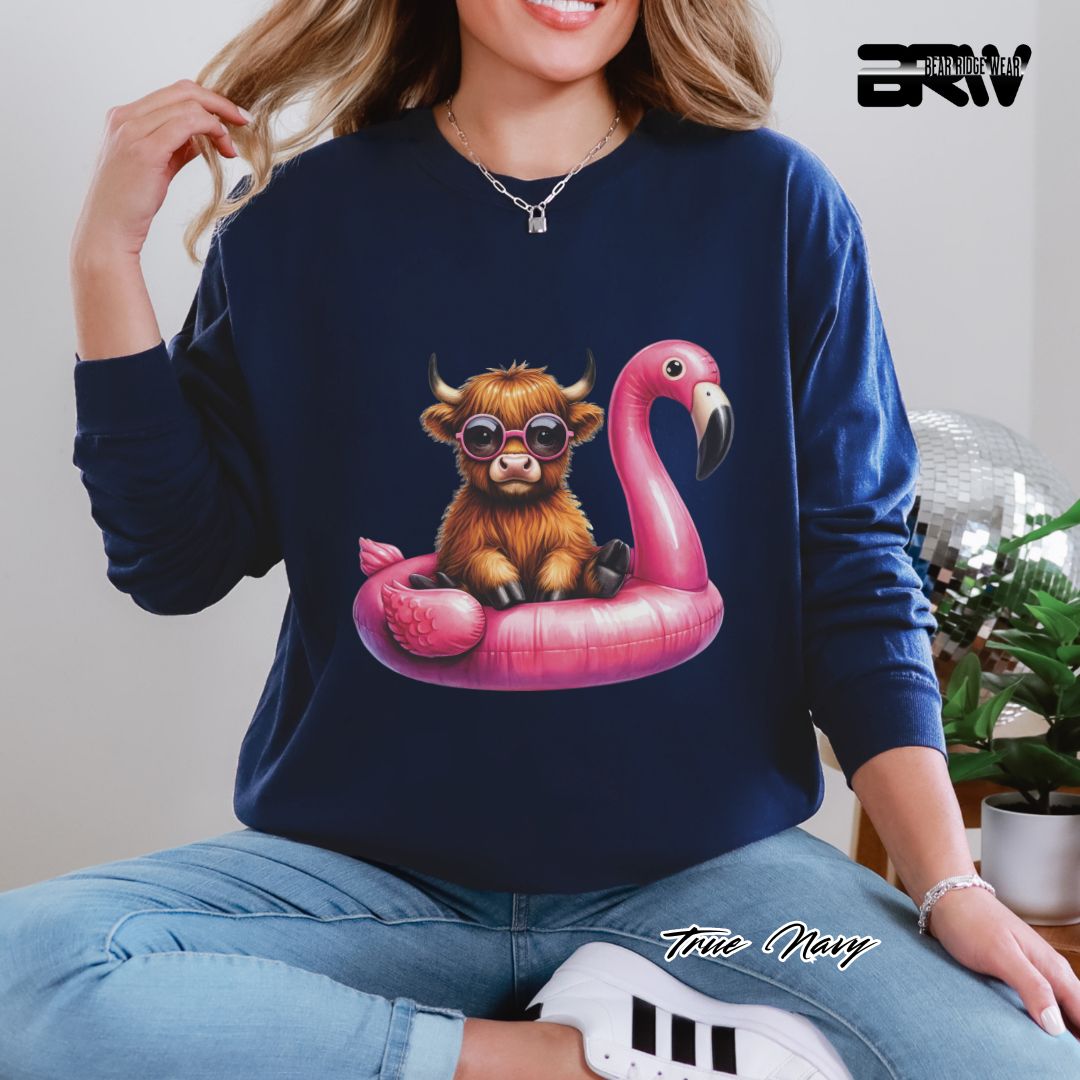 'Highland Cow Beach-Flamingo Float' Summer Long Sleeve Tee
