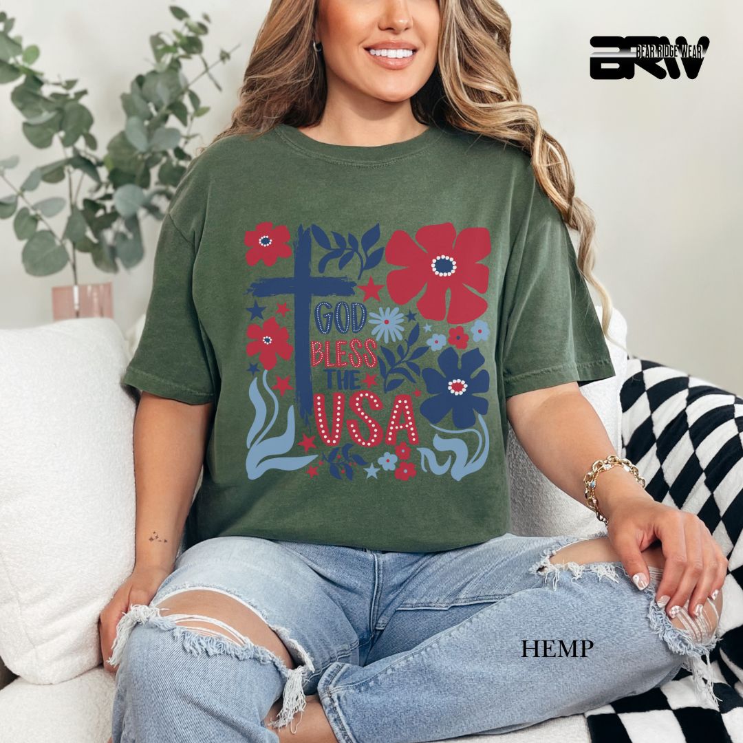 God Bless The USA-Cross Flowers- Patriotic Tee