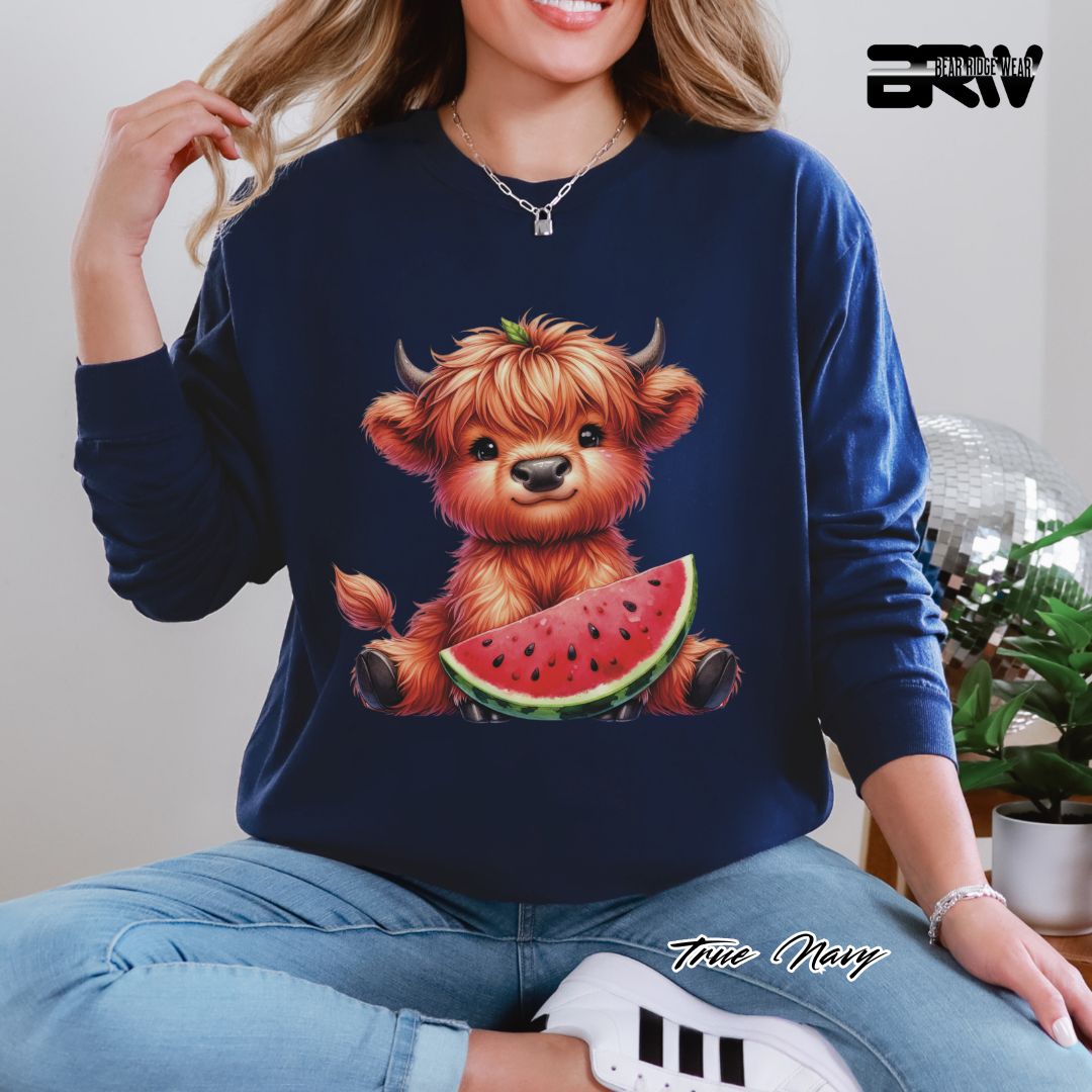 'Highland Cow-Watermelon' Summer Long Sleeve Tee