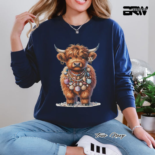 'Highland Cow-Lei Sea Shells' Summer Long Sleeve Tee
