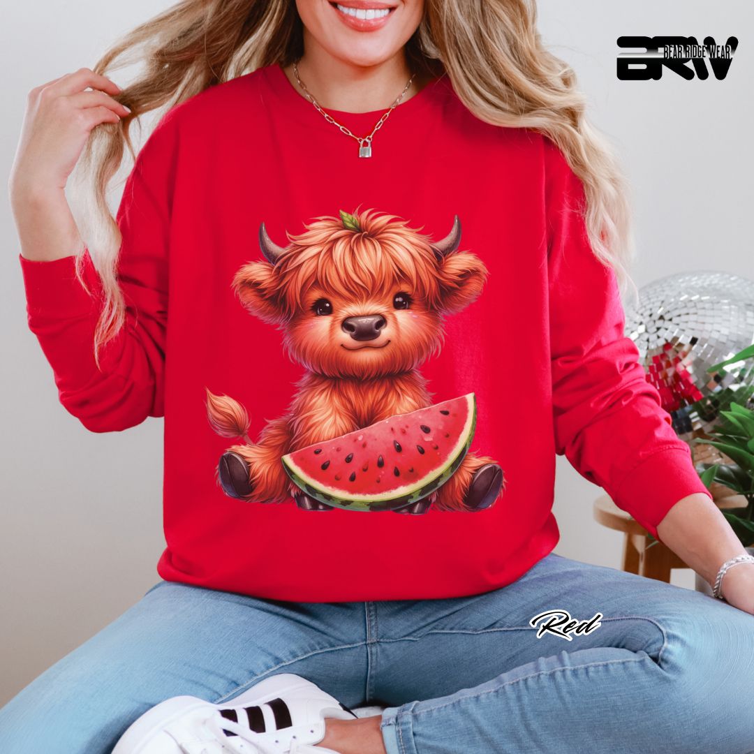 'Highland Cow-Watermelon' Summer Long Sleeve Tee
