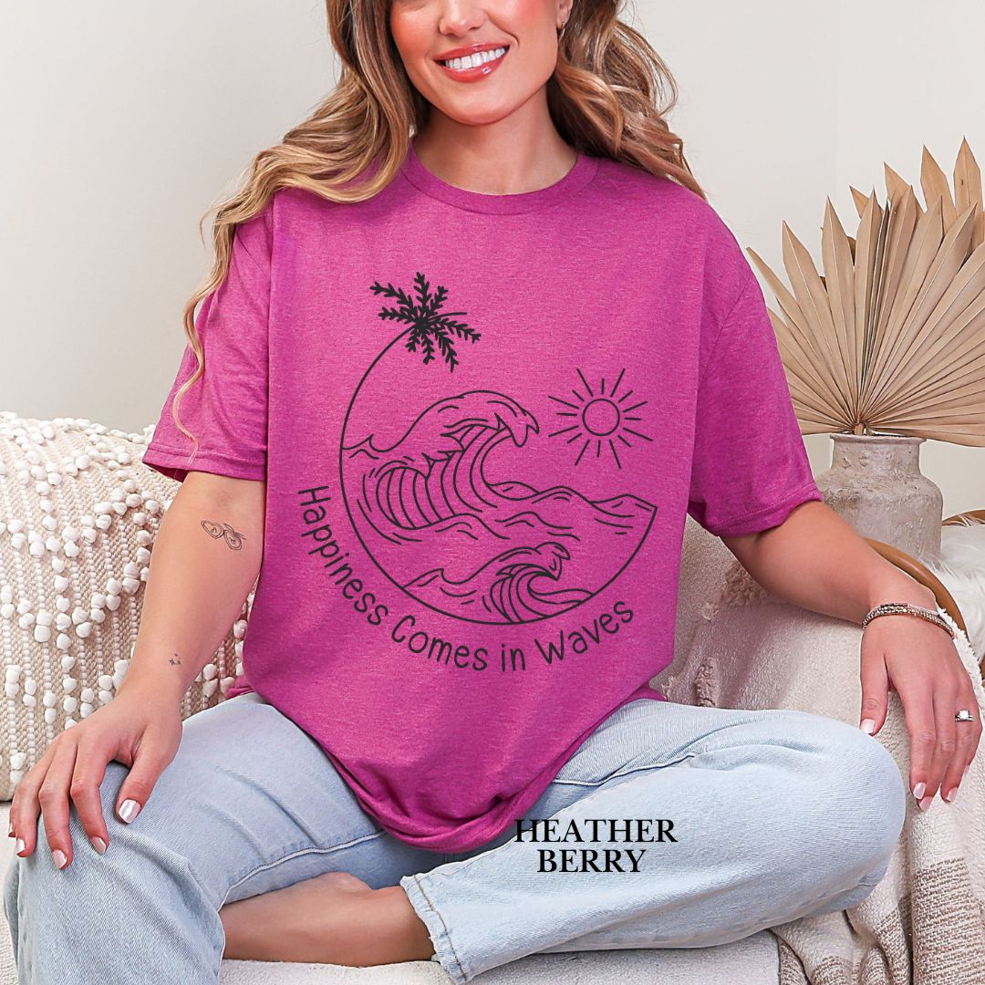 'Happiness Comes In Waves' Black Color Summer Tee