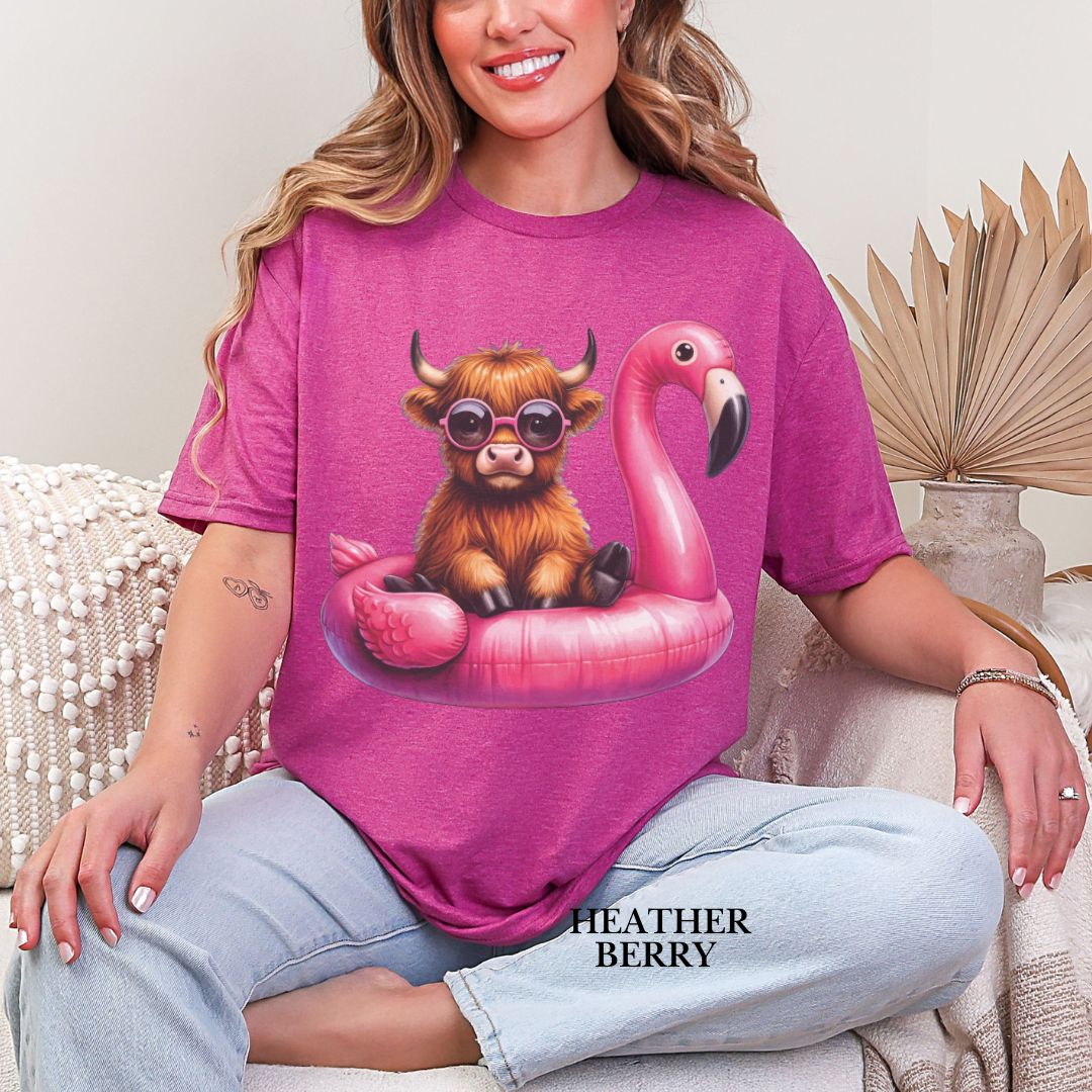 'Highland Cow-Flamingo Float'  Summer Tee