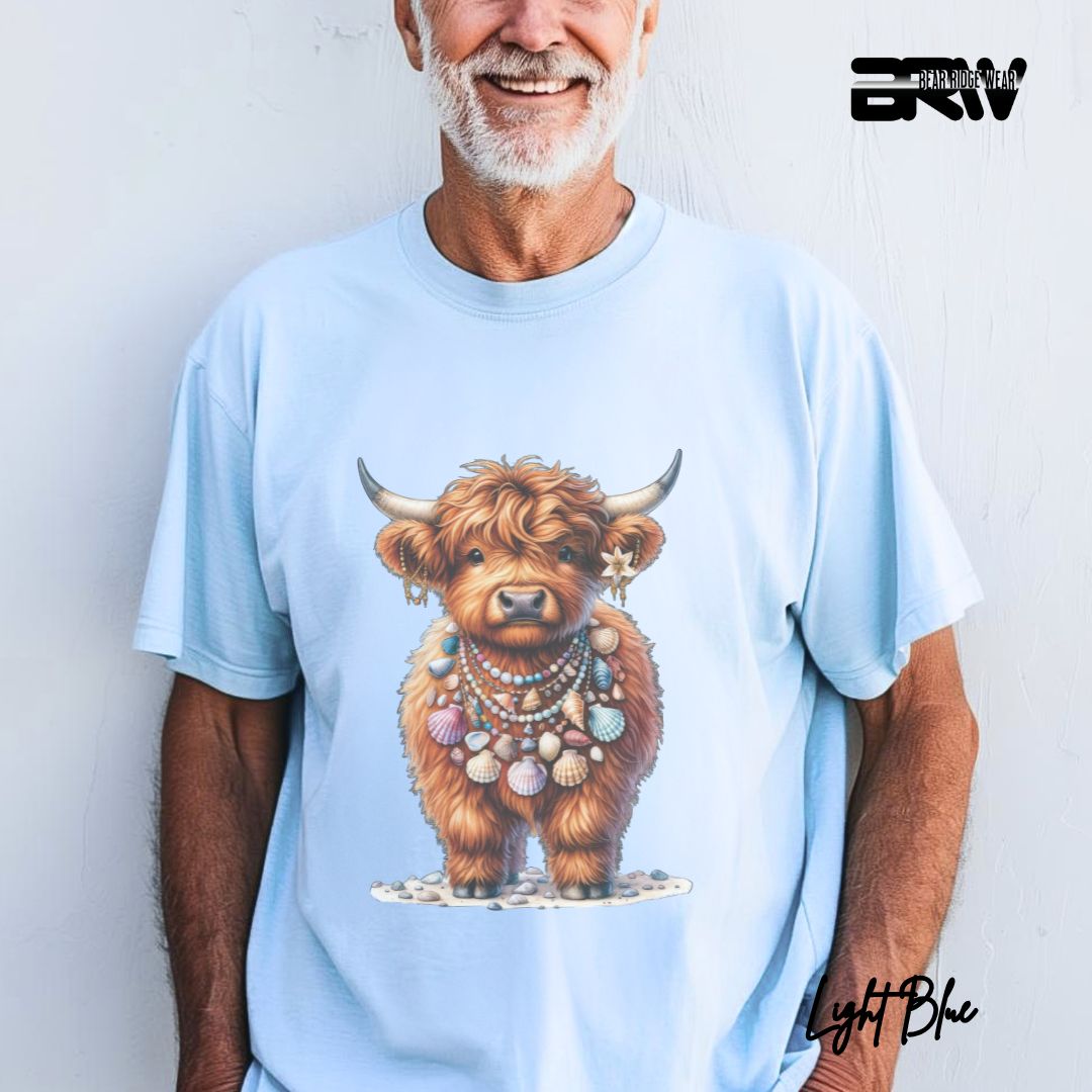 'Highland Cow-Lei Sea Shells' Summer T- Shirt
