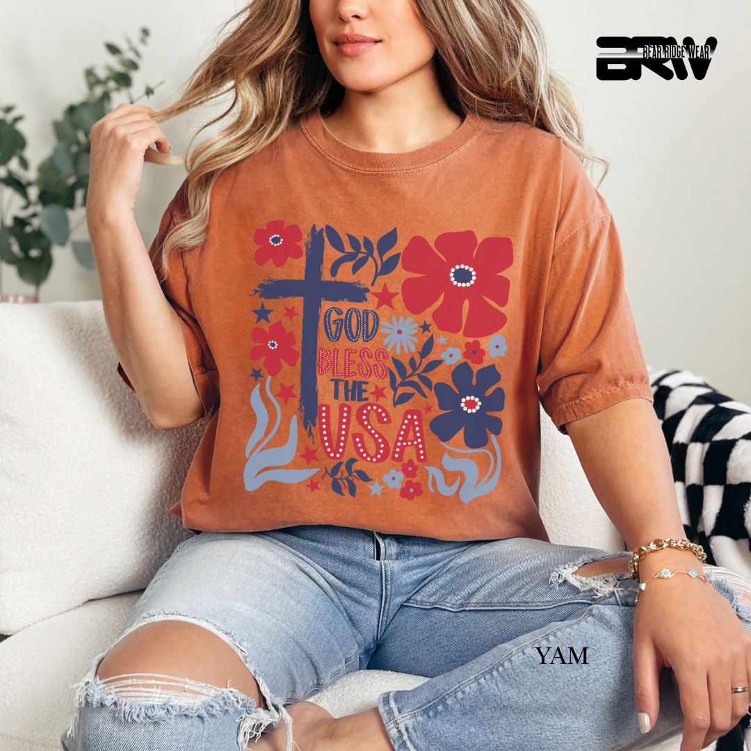 God Bless The USA-Cross Flowers- Patriotic Tee