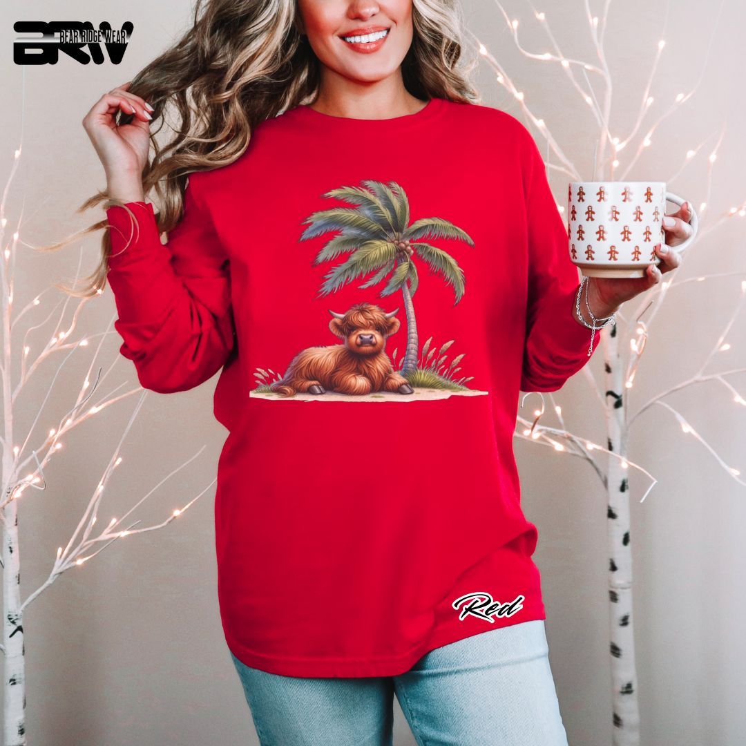 'Highland Cow- Palm Tree' Summer Long Sleeve Tee
