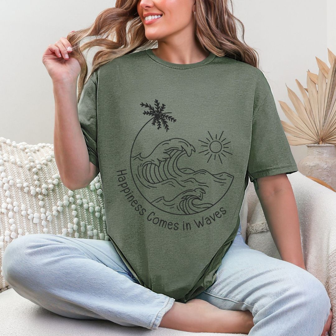 'Happiness Comes In Waves' Black Color Summer Tee