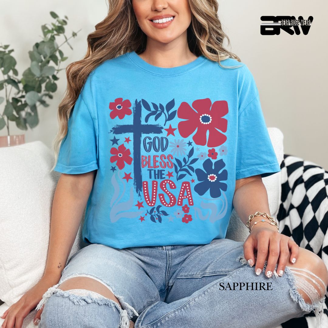 God Bless The USA-Cross Flowers- Patriotic Tee