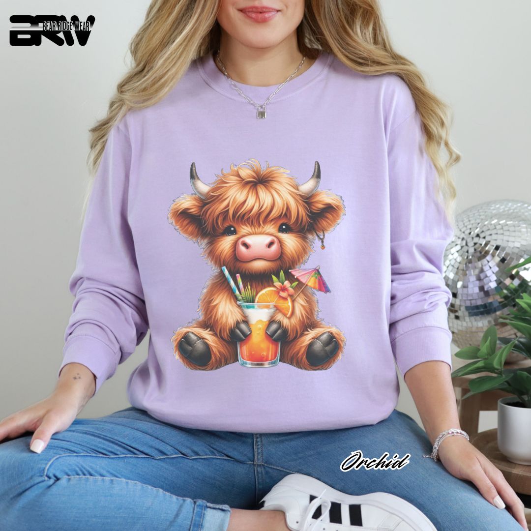 'Highland Cow- Tropical Drink' Summer Long Sleeve Tee