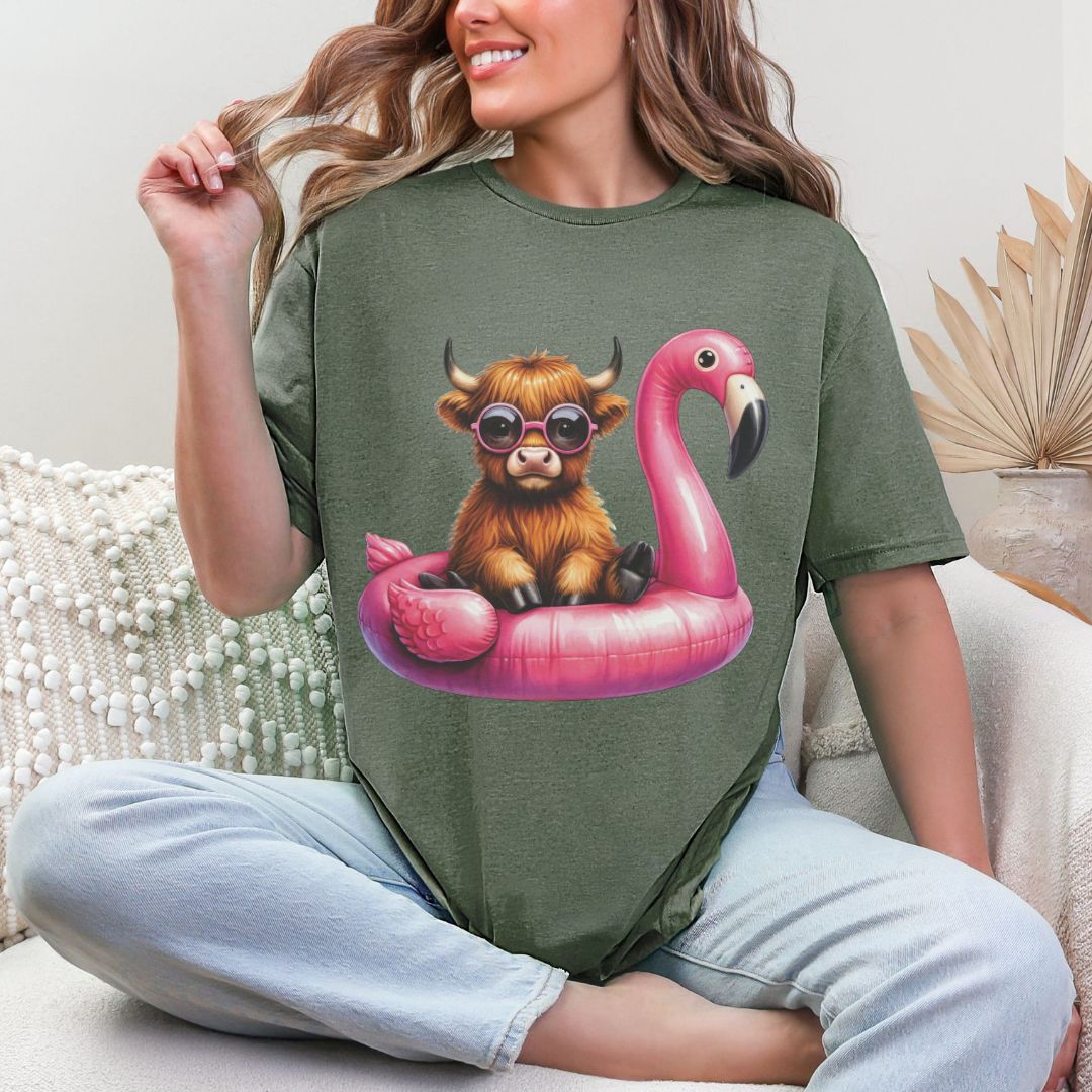 'Highland Cow-Flamingo Float'  Summer Tee