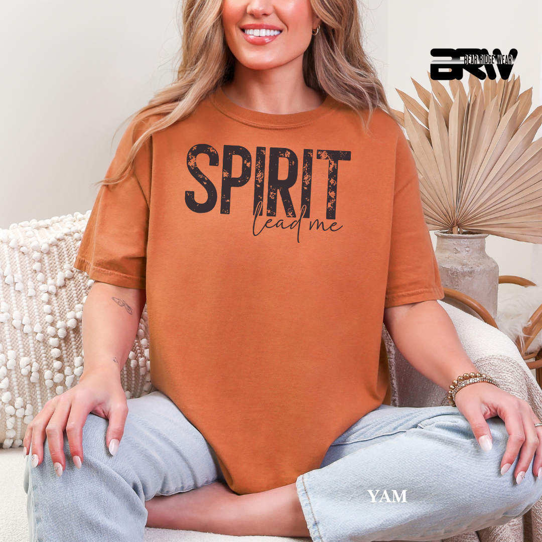 Person wearing a brown t-shirt with 'SPIRIT lead me' text, sitting on a couch.
