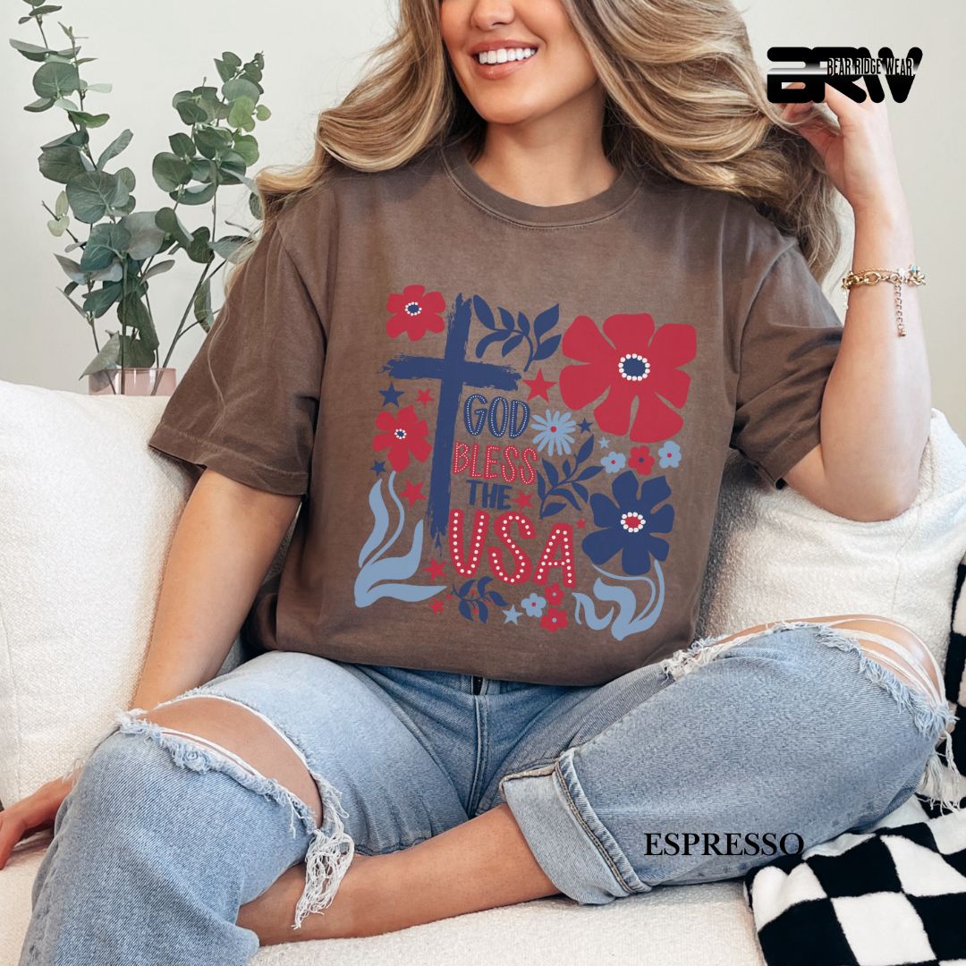 God Bless The USA-Cross Flowers- Patriotic Tee