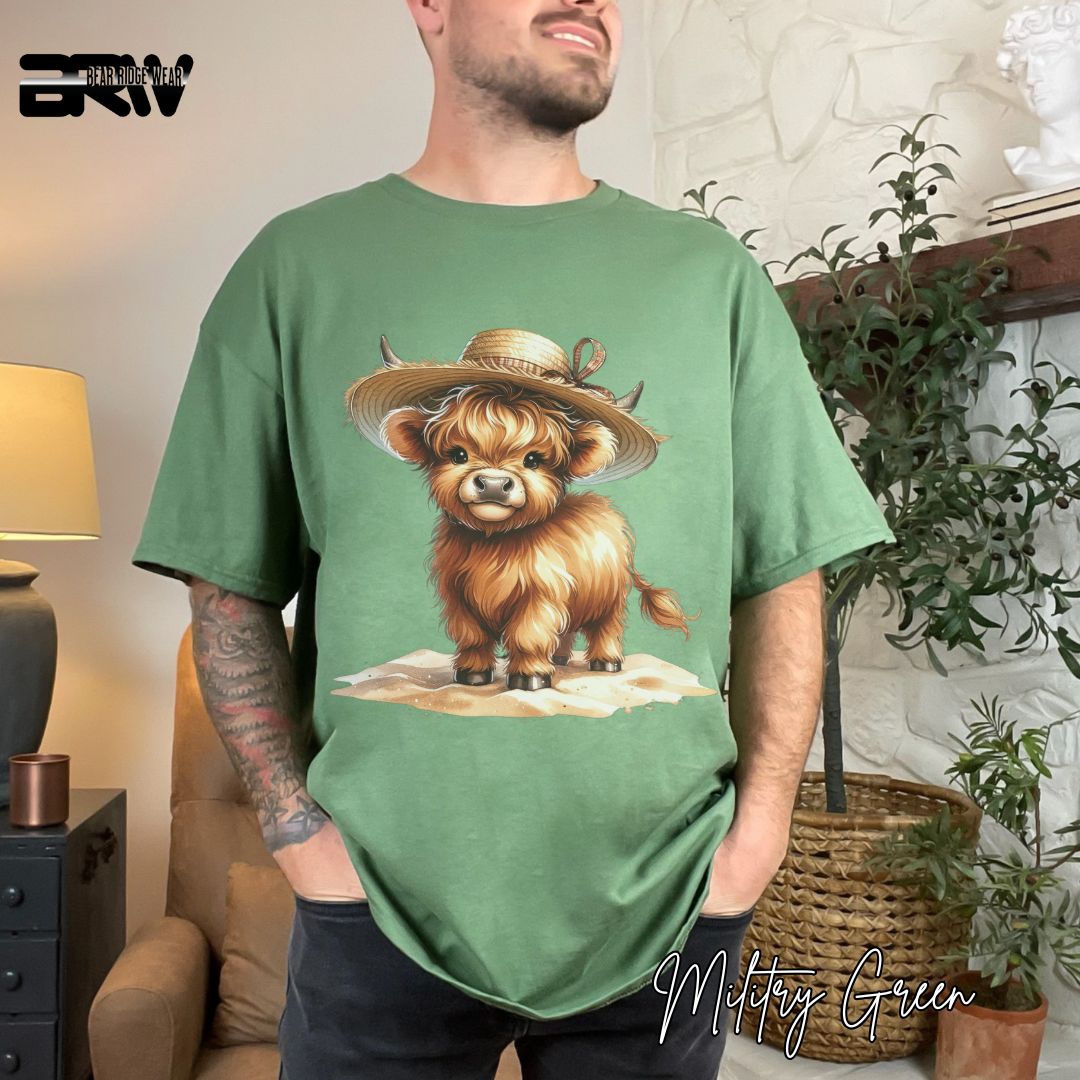 'Highland Cow- Sun Hat' Summer T- Shirt