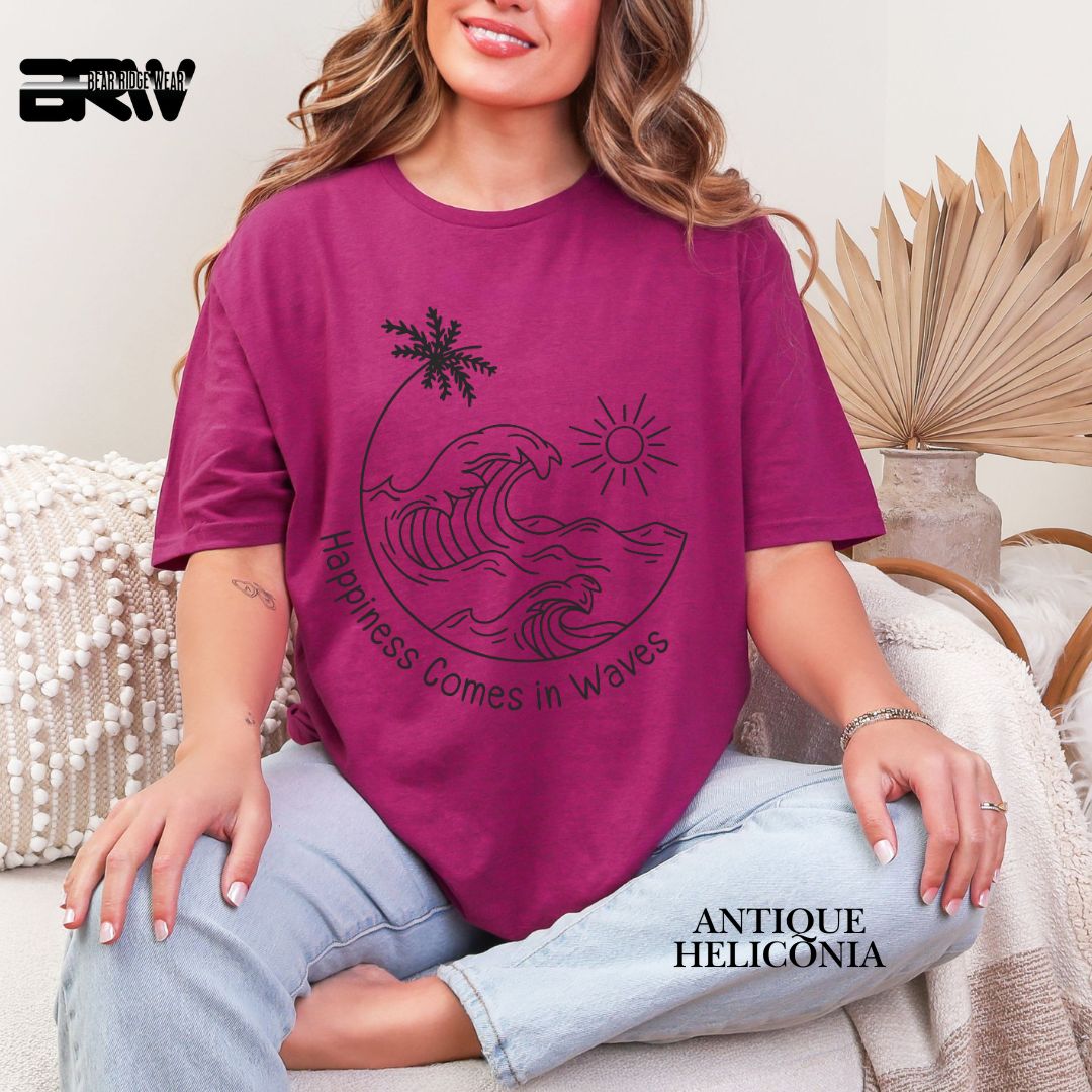 'Happiness Comes In Waves' Black Color Summer Tee