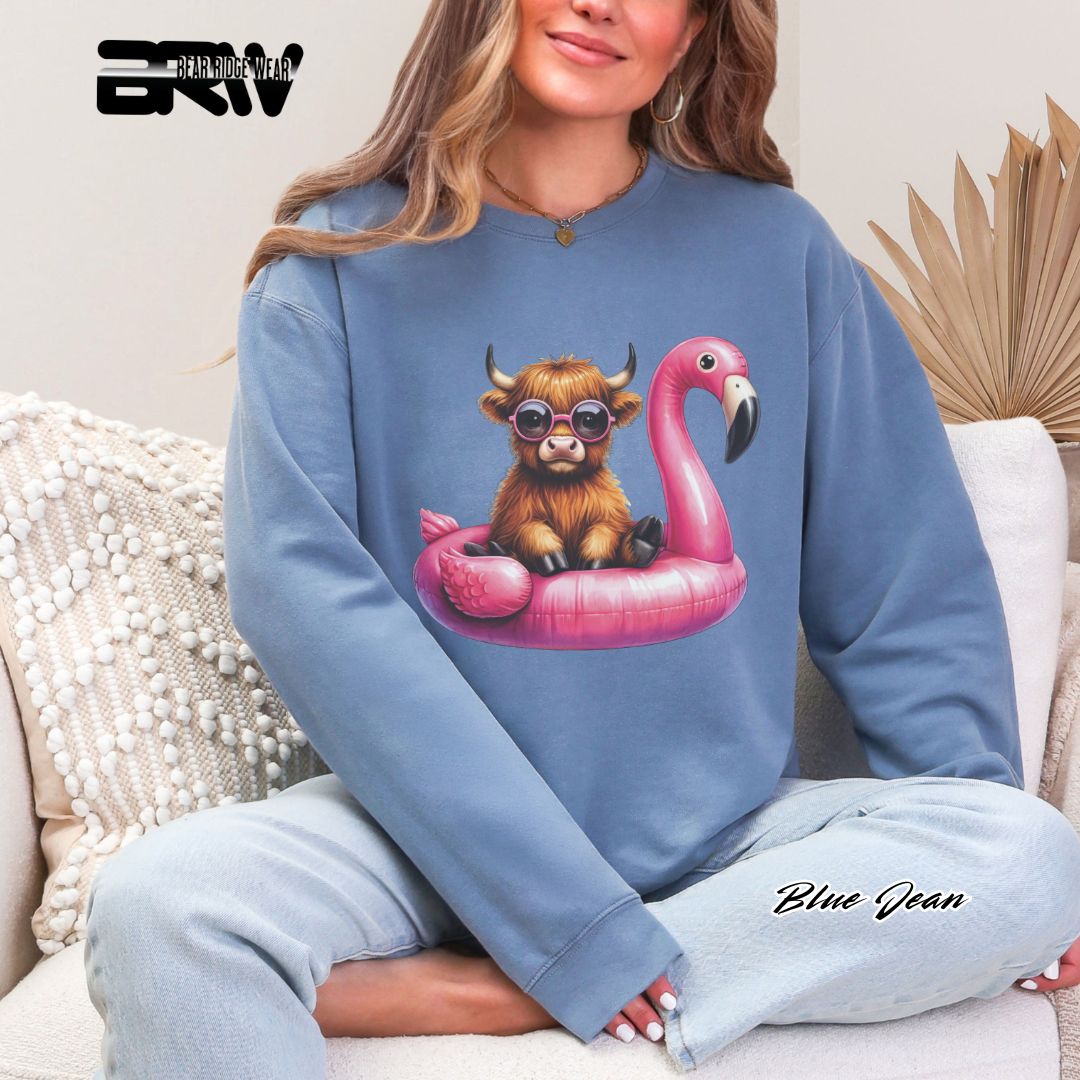 'Highland Cow-Flamingo Float'  Summer Crewneck Sweatshirt