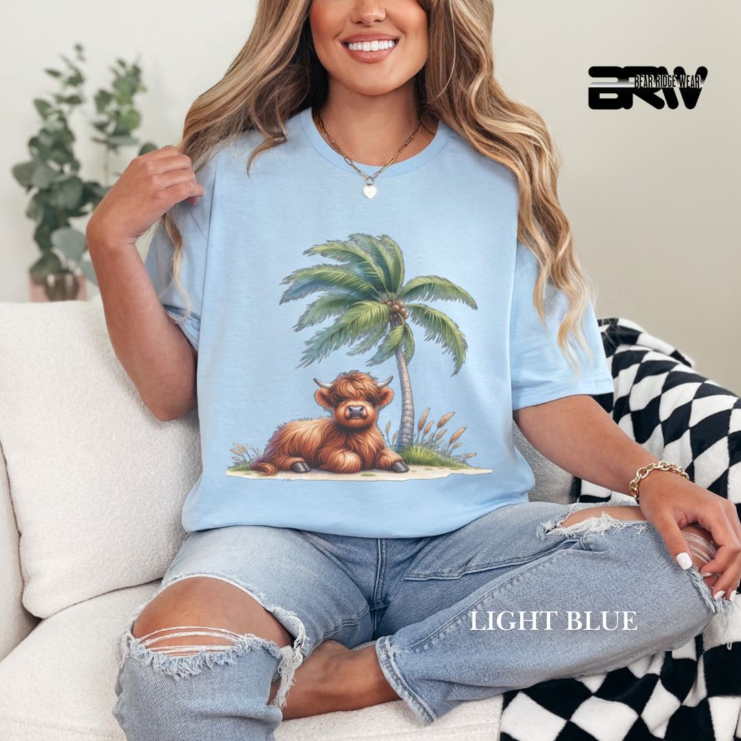 'Highland Cow-Palm Tree' 2 Summer Tee
