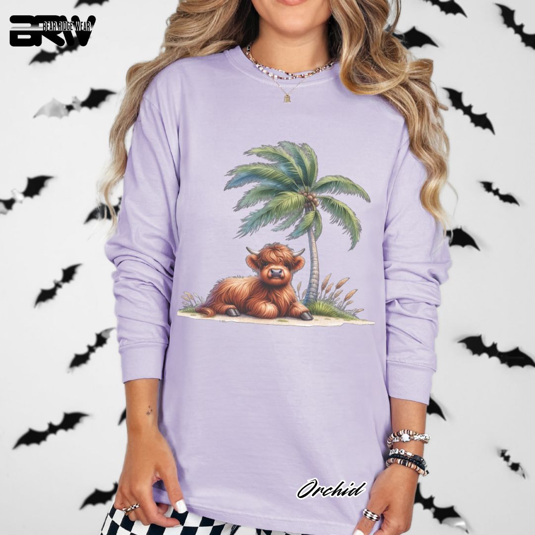 'Highland Cow- Palm Tree' Summer Long Sleeve Tee