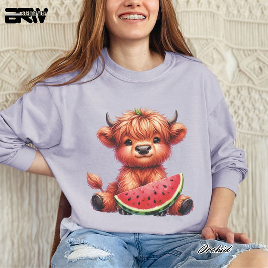 'Highland Cow-Watermelon' Summer Long Sleeve Tee