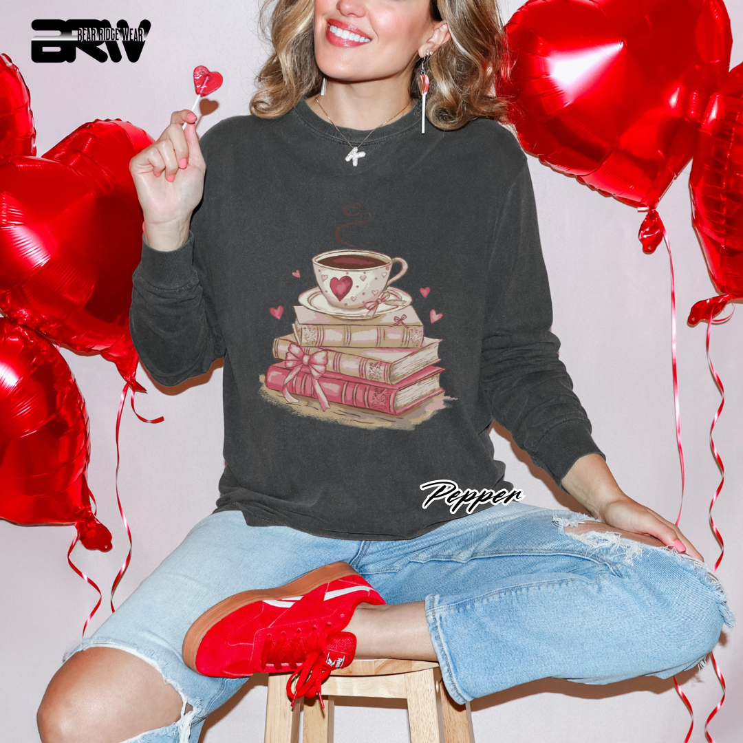 'Coffee on top of the books' Long Sleeve Tee